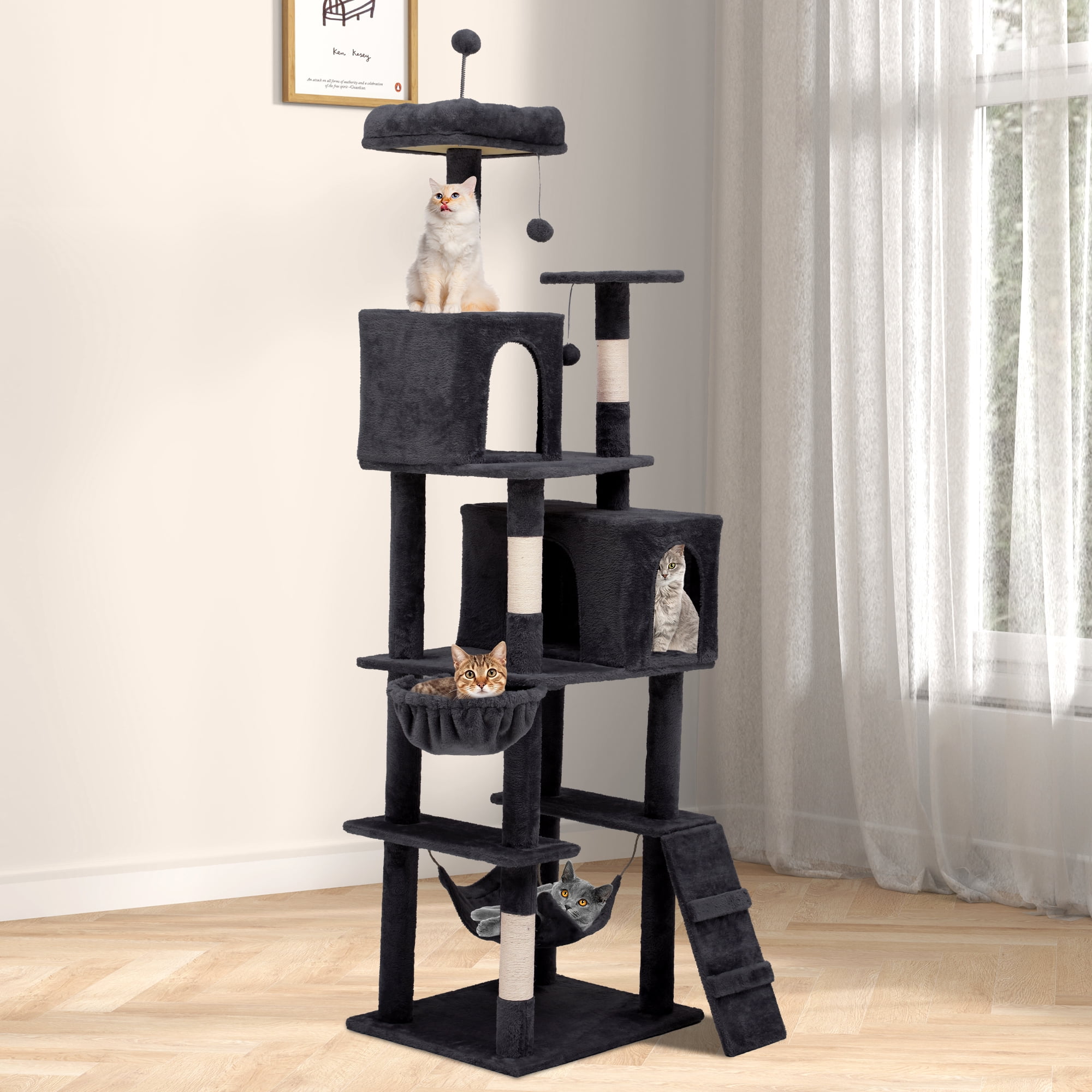 Uforic 75" Multi-Level Cat Tree with Scratching Posts, Caves & Hammock, Dark Gray