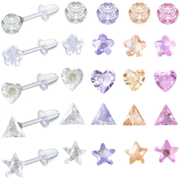 20 Pairs 6 mm Colorful Cubic Zirconia Earring Studs Hypoallergenic Plastic Resin Round Triangle Heart Flower Star Earrings with Earring Backs for Sensitive Ears Women Mom Gifts