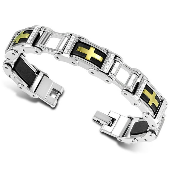 Stainless Steel Silver-Tone Gold-Tone Black Gold-Tone Religious Cross Men's Link Bracelet, 8"