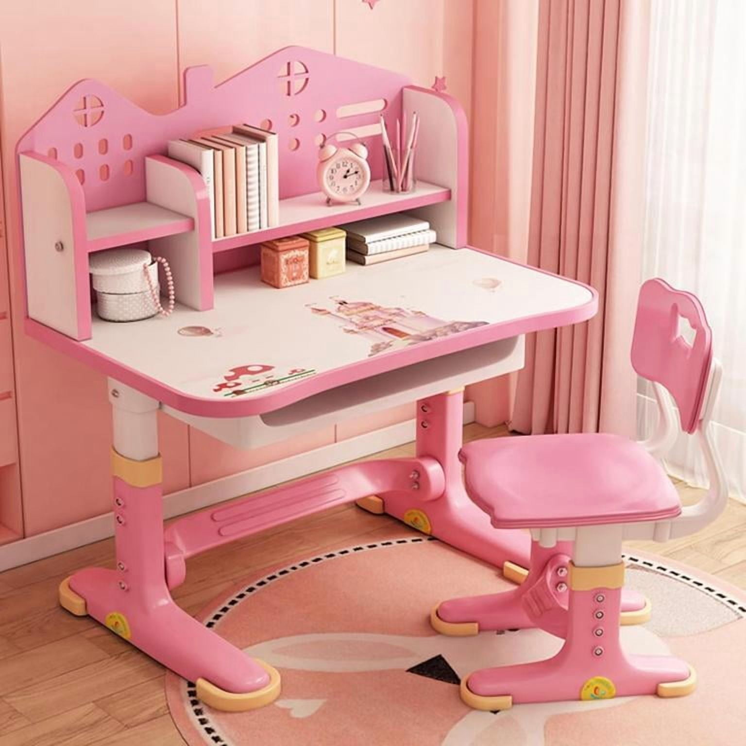 YNCE Kids Functional Desk and Chair Set, Height Adjustable Children School Study Desk with Storage Drawer for Boys Girls (Pink #1)