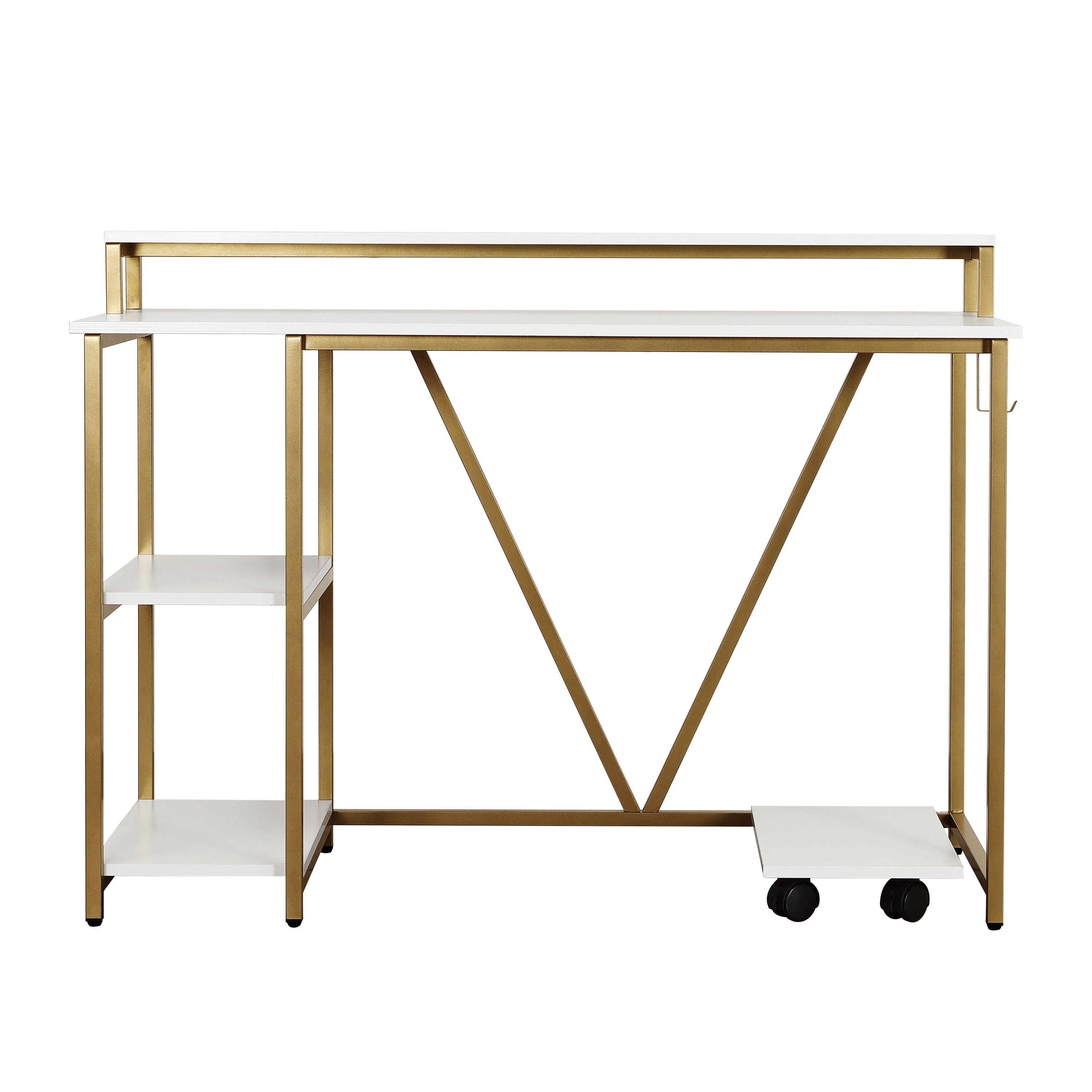 Industrial Writing Desk, White Wood Grain Engineered Wood Workstation with 2-Tier Monitor Shelf, Side Open Storage, Headphone Hook & Mobile CPU Caddy for Home Office