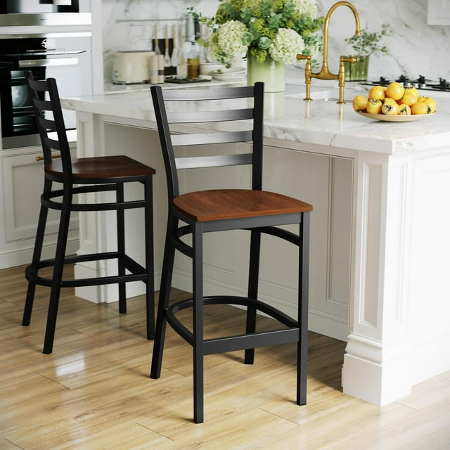 HERCULES Series Black Ladder Back Metal Restaurant Barstool - Cherry Wood Seat