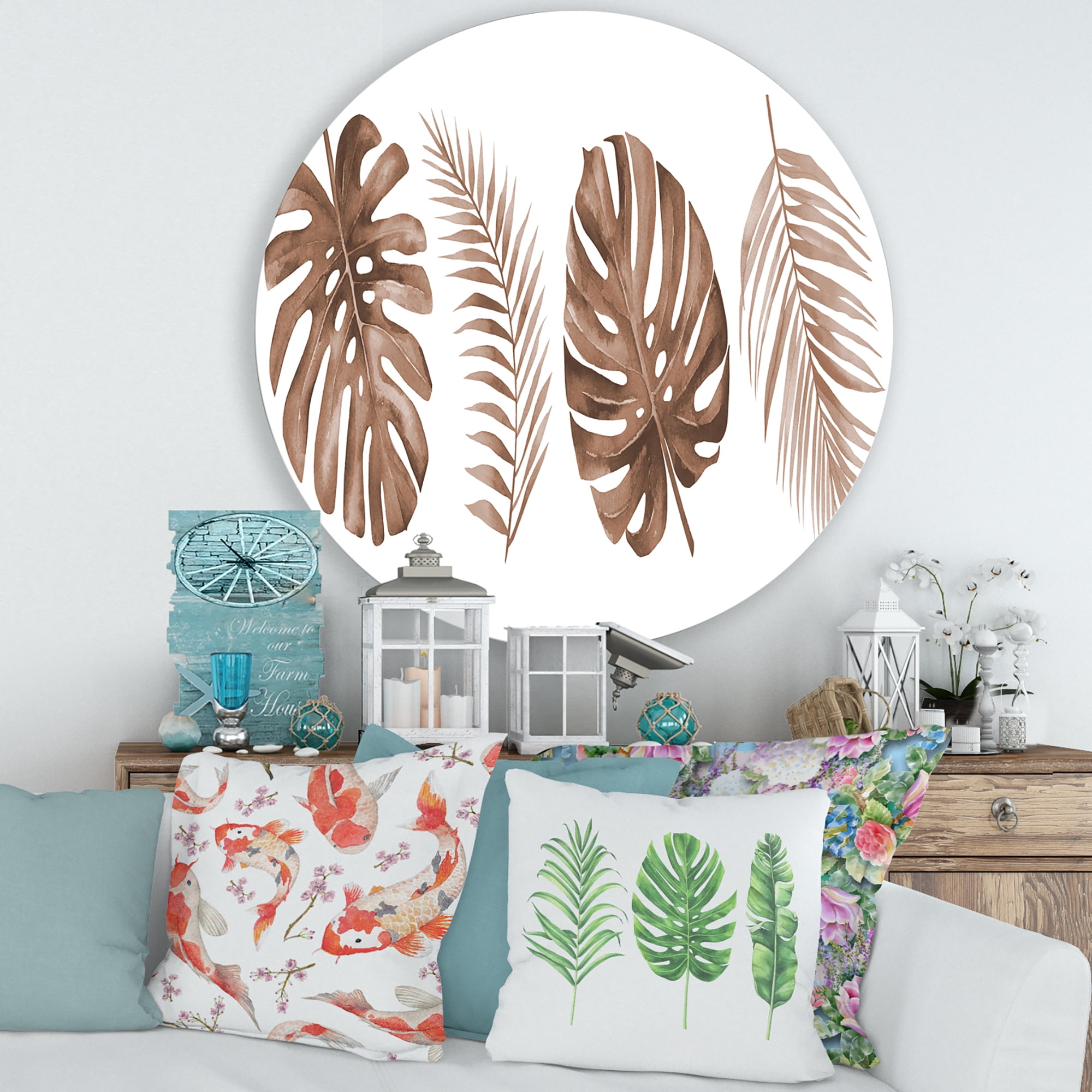 Designart 'Tropical Palm and Monstera Leaf In Terracotta' Traditional Circle Metal Wall Art 36x36 - Disc of 36