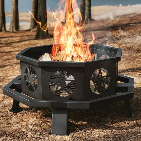 TVOFEK 35 inch Octagon Fire Pit with Grill and Poker, Wood Burning Firepits, Outdoor Fire Barrell for Bonfire, Backyard, Patio, Picnic, Camping, Black