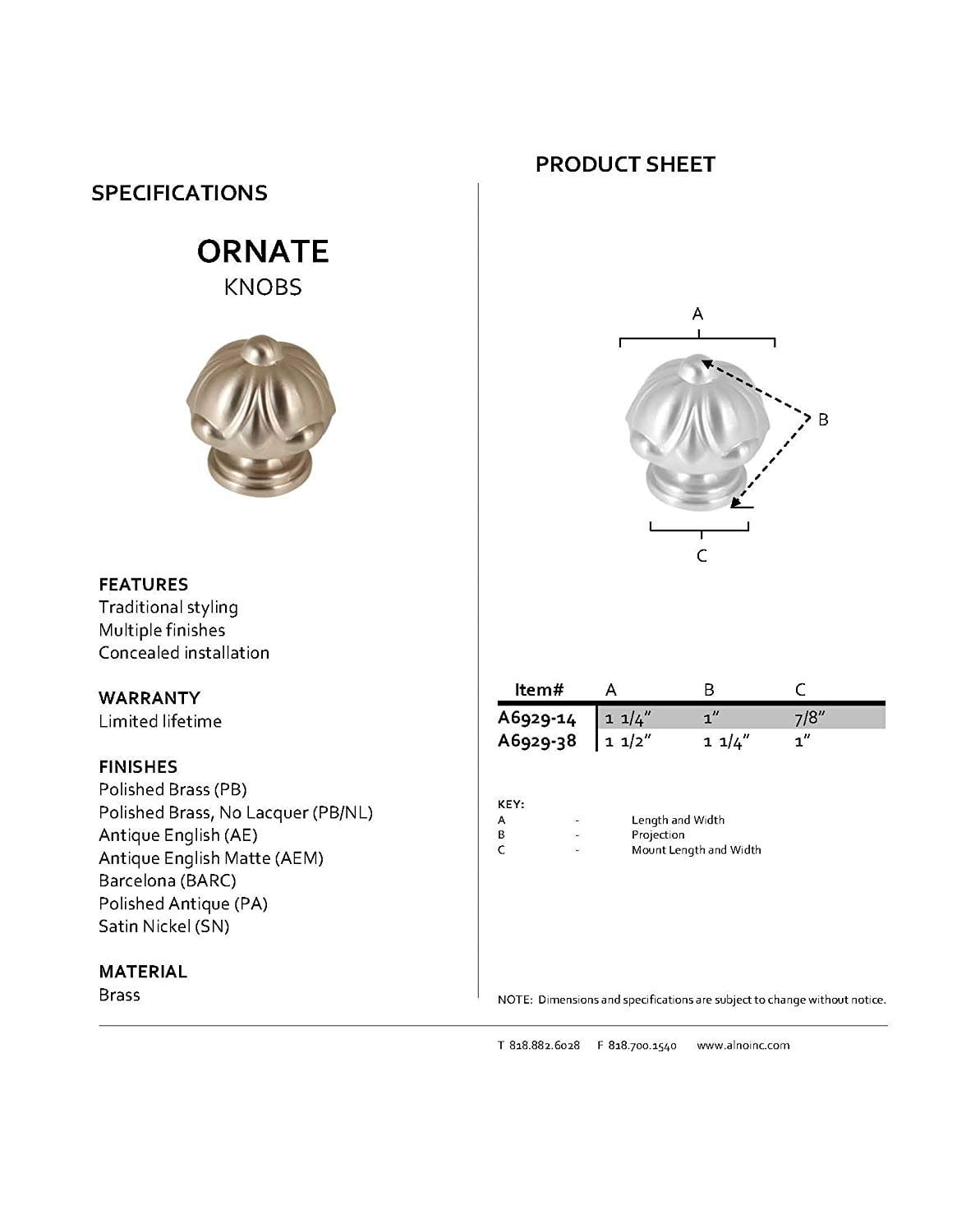 Alno A6929-38-PB Ornate 1-1/2 Inch Cabinet Knob Polished Brass