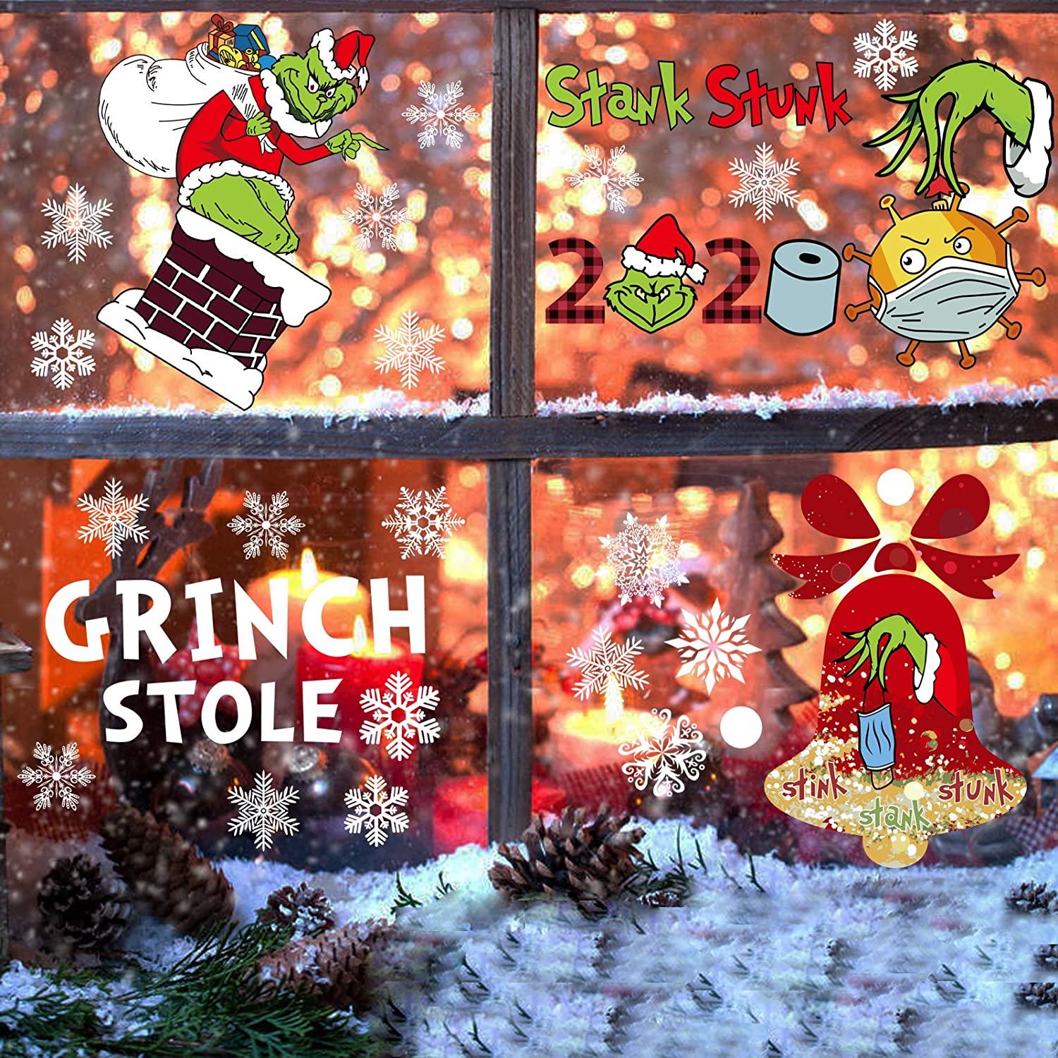 Autocollants Fenêtre Noël Grinch - 124+154 Stickers Réutilisables | Décoration Hiver, Amusant Pour Enfants, Famille