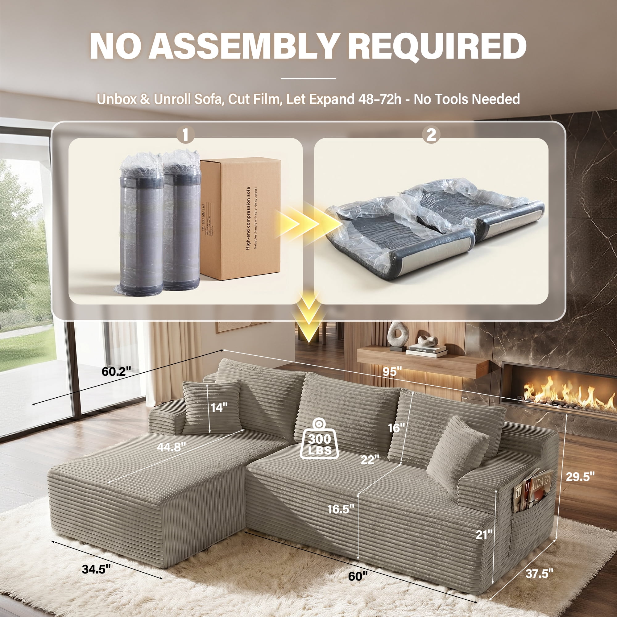 Aukfa 96" Cloud Sectional Couch, Modular L Shaped Boneless Sofa with Left Facing Chaise&2 Storage Pockets, Camel