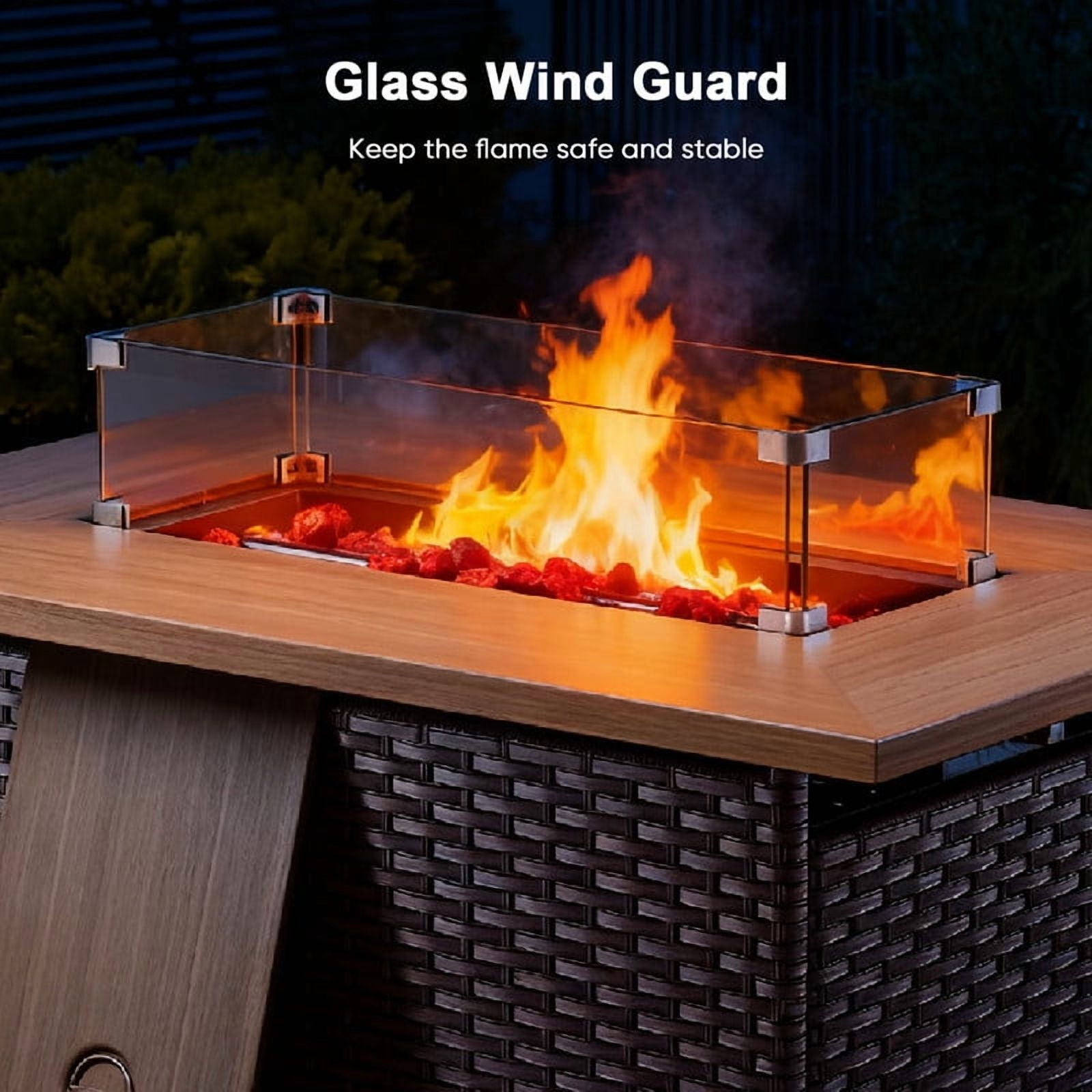 Giantfurnni 41" Propane Fire Pit Table with Lid, Outdoor Wicker 50,000 BTUs Rectangle Gas Fire Pit Table with Glass Wind Guard and Lava Rocks for Balcony Porch Deck