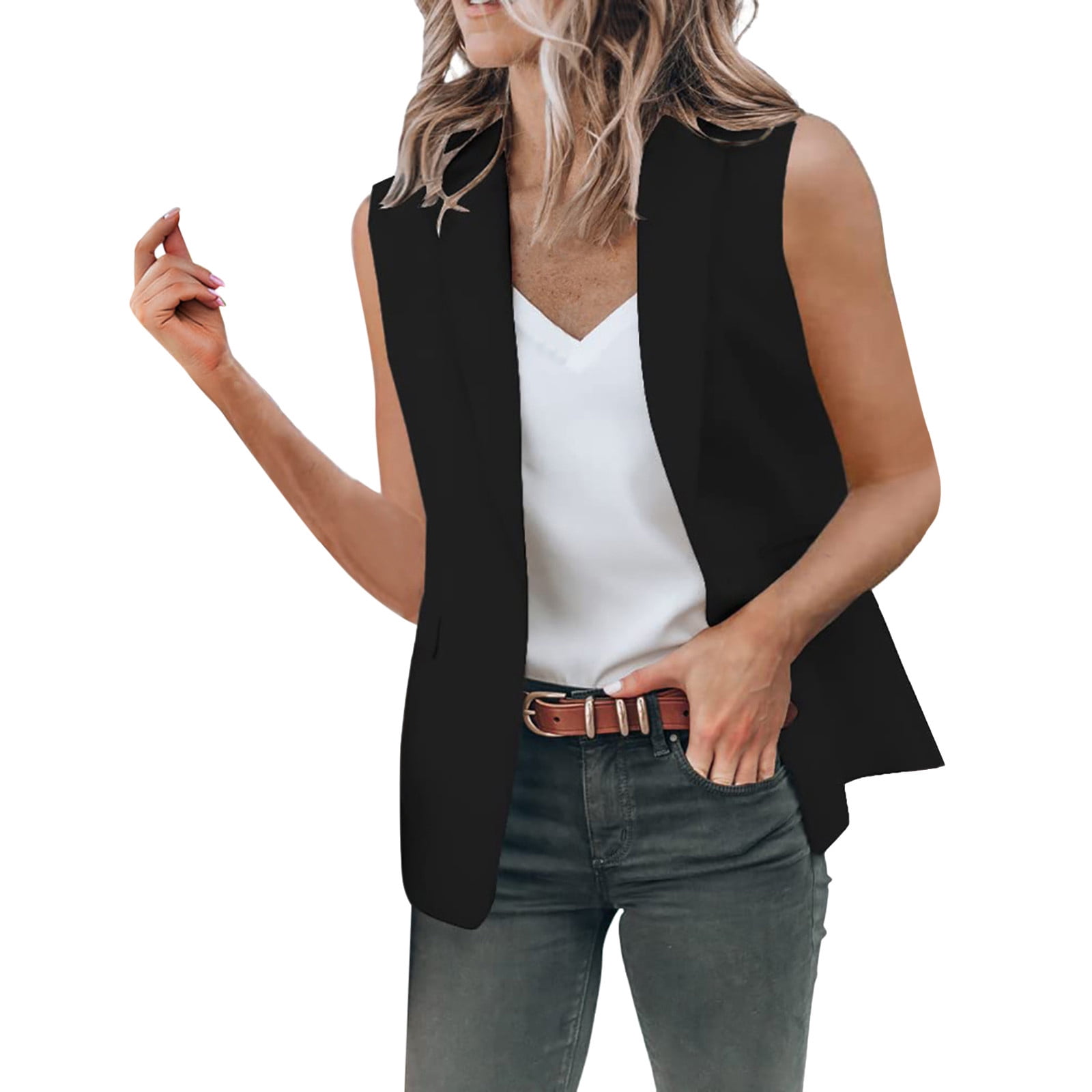 PMUYBHF Womens Vest Coat Casual Blazers Open Front Sleeveless Work