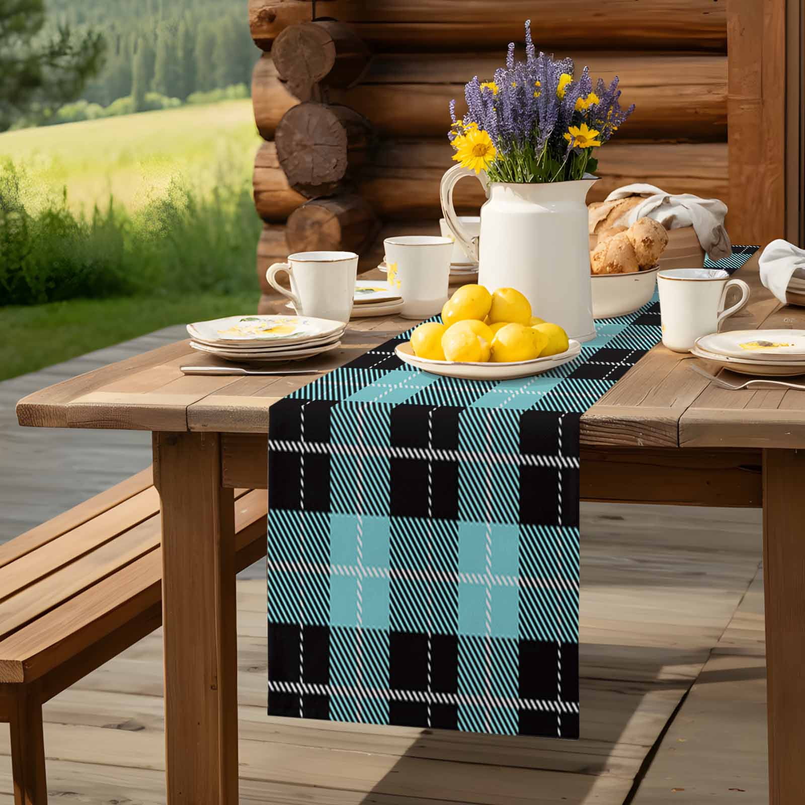 Tartan Plaid Buffalo Grid Pattern Table Runner 90 Inches Long, Teal and Black Table Runners Tabletop Scarf Kitchen Dining Tables Decoration for Home Party Indoor Outdoor