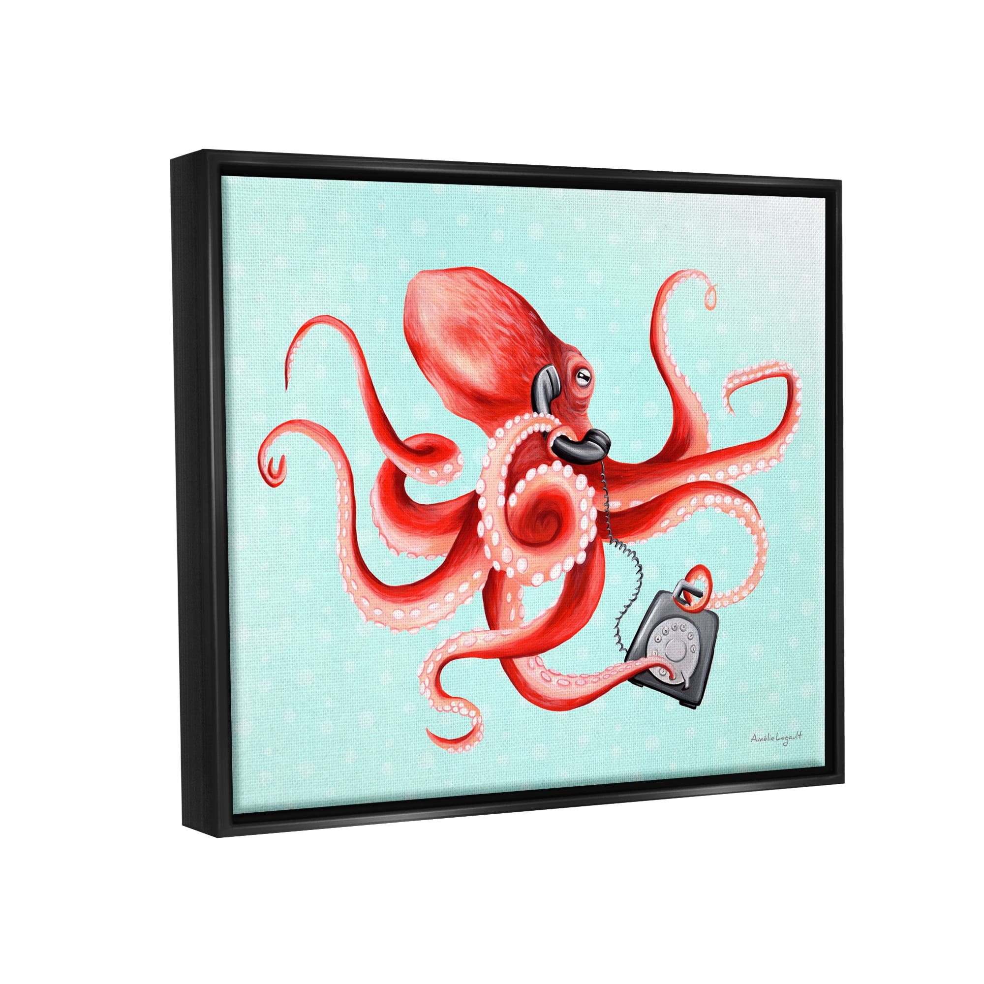 Stupell Industries Red Ombre Octopus Tentacles Retro Rotary Phone Graphic Art Jet Black Floating Framed Canvas Print Wall Art, Design by Amelie Legault