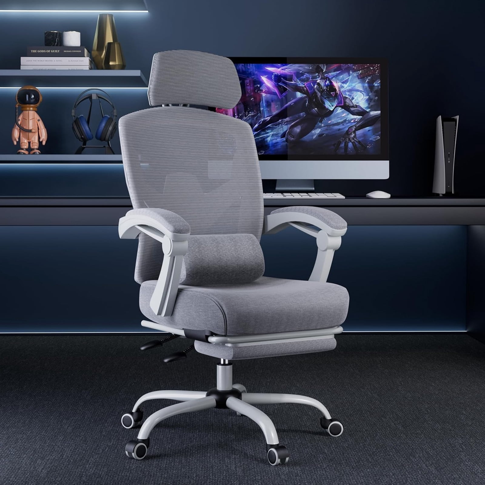 Casabay Ergonomic Home Office Desk Chair, High Back Mesh Reclining Swivel Chair with Footrest & Armrest for Back Pain Relief, Gray
