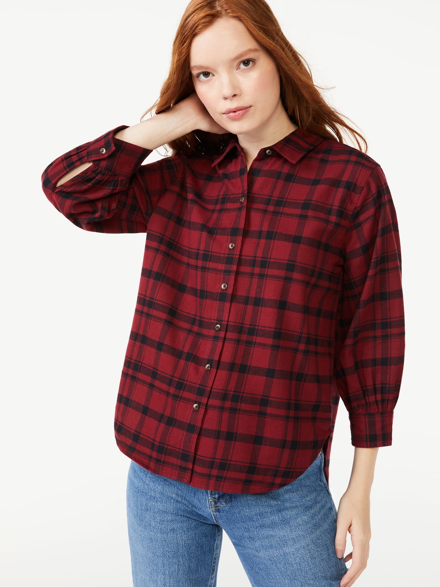 Free Assembly Women's Button-Down Top with ¾ Blouson Sleeves - Walmart.com