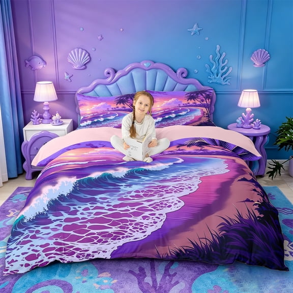 jejeloiu Purple Tropical Sunset Bedding For Girls,Palm Tree Print Duvet Cover Full,Multicolor,Pink Reversible,3pcs,1 Duvet Cover and 2 Pillowcases