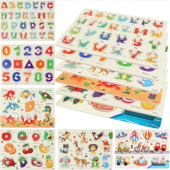 6 Pack Wooden Puzzles for Toddlers 3 4 5 Years Old ,Alphabet, Number&Shape, Ocean, Animal, Fruit, Vehicle Puzzles, 11.81 x 8.86 inch Preschool Education Learning Puzzle Toys for Girls and Boys