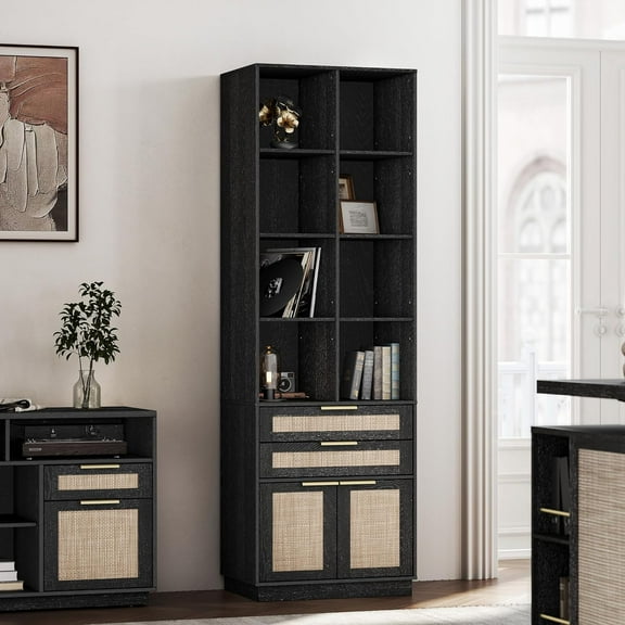 Bookshelf with Doors and 2 Drawers, 73 inch Tall Rattan Bookcase with 4-Tier Storage Shelves, Wooden Book Shelf for Home Office, Living Room, Black