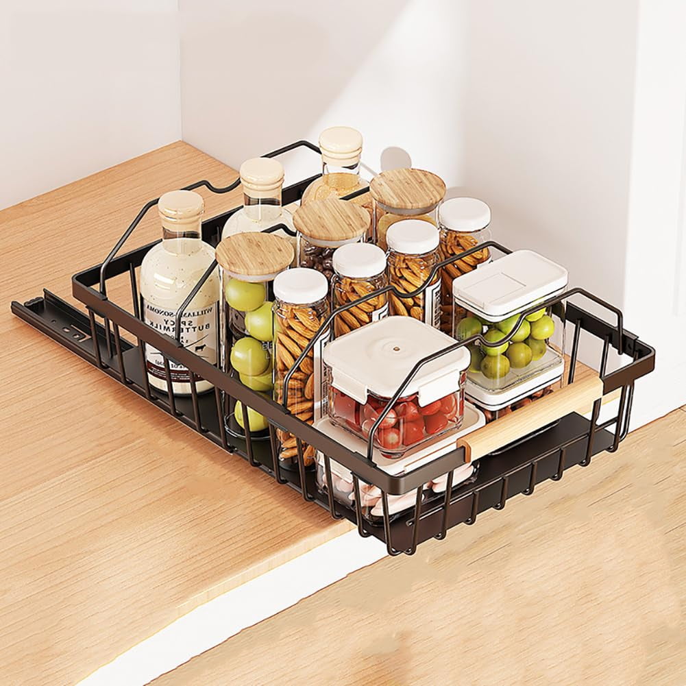 Sturdy Slide-Out Black Storage Basket - Easy Carry Pull-Out Cabinet Organizer with 2 Iron Wires - Durable Mesh Drawer Shelf for Kitchen or Pantry