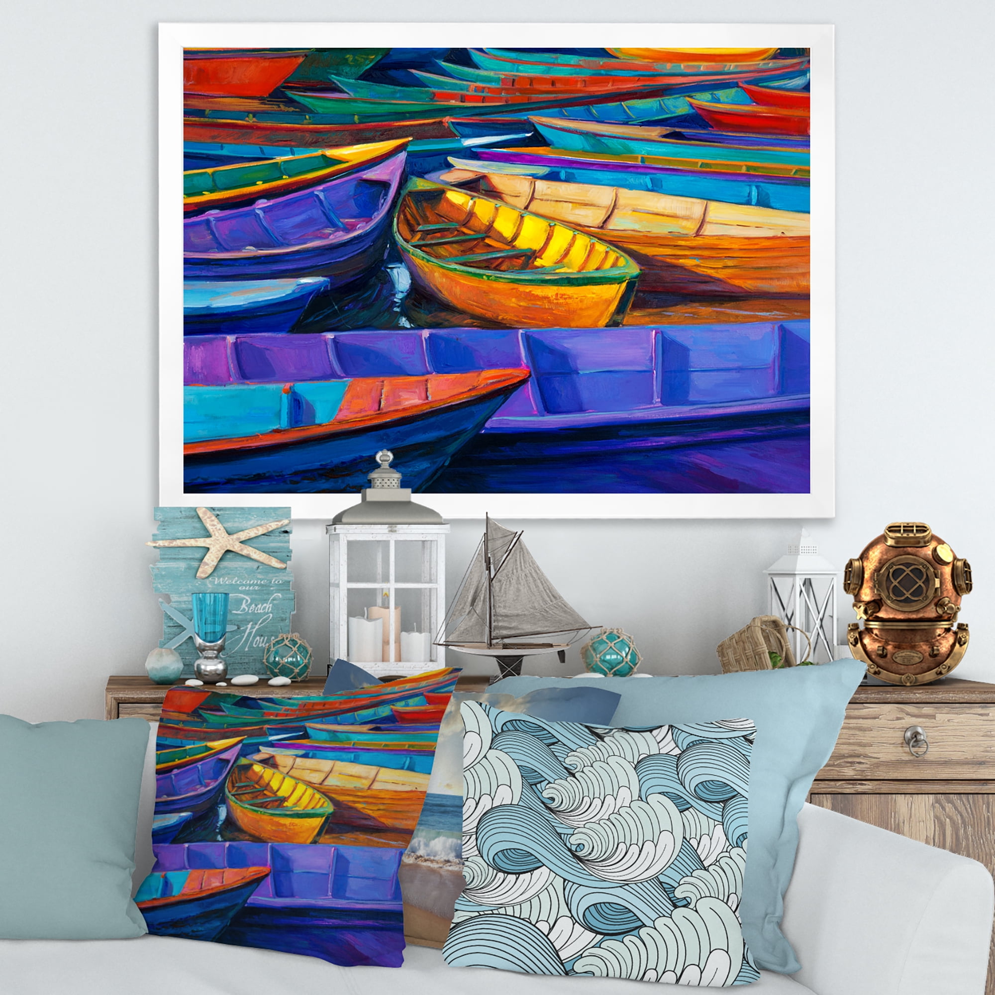 Boats During Warm Sunset Resting On The Water II 40 in x 30 in Framed Painting Canvas Art Print, by Designart