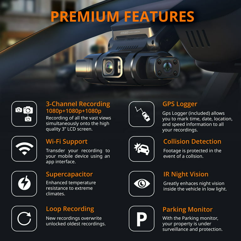 Vantrue 3 Channel 2.5K WiFi Dash Cam Front and Rear Inside, 3 Way Triple  GPS Dash Camera 1944P+1080P+1080P with STARVIS IR Night Vision, Voice  Control, 24 Hours Parking Mode, Support 512GB Max(E3) 