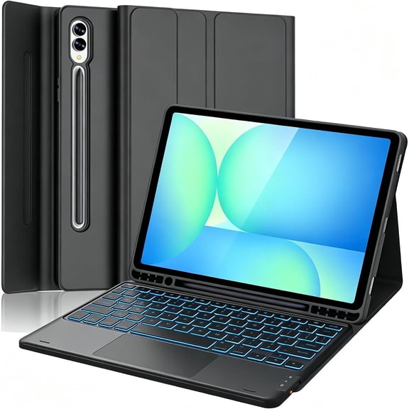 Black PU Leather Stand Case with 7-Color Backlit Touchpad Keyboard for Galaxy Tab S9/S10 FE/Lite 10.9"/11"