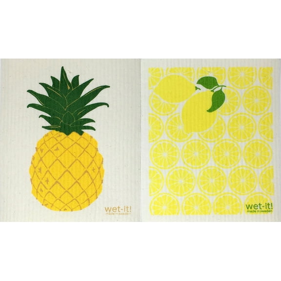 Wet-It! Swedish Treasures Dishcloth & Cleaning Cloth - Set of 2 - Hospitality Pineapple & Lemons - (Paper Towel Replacement)
