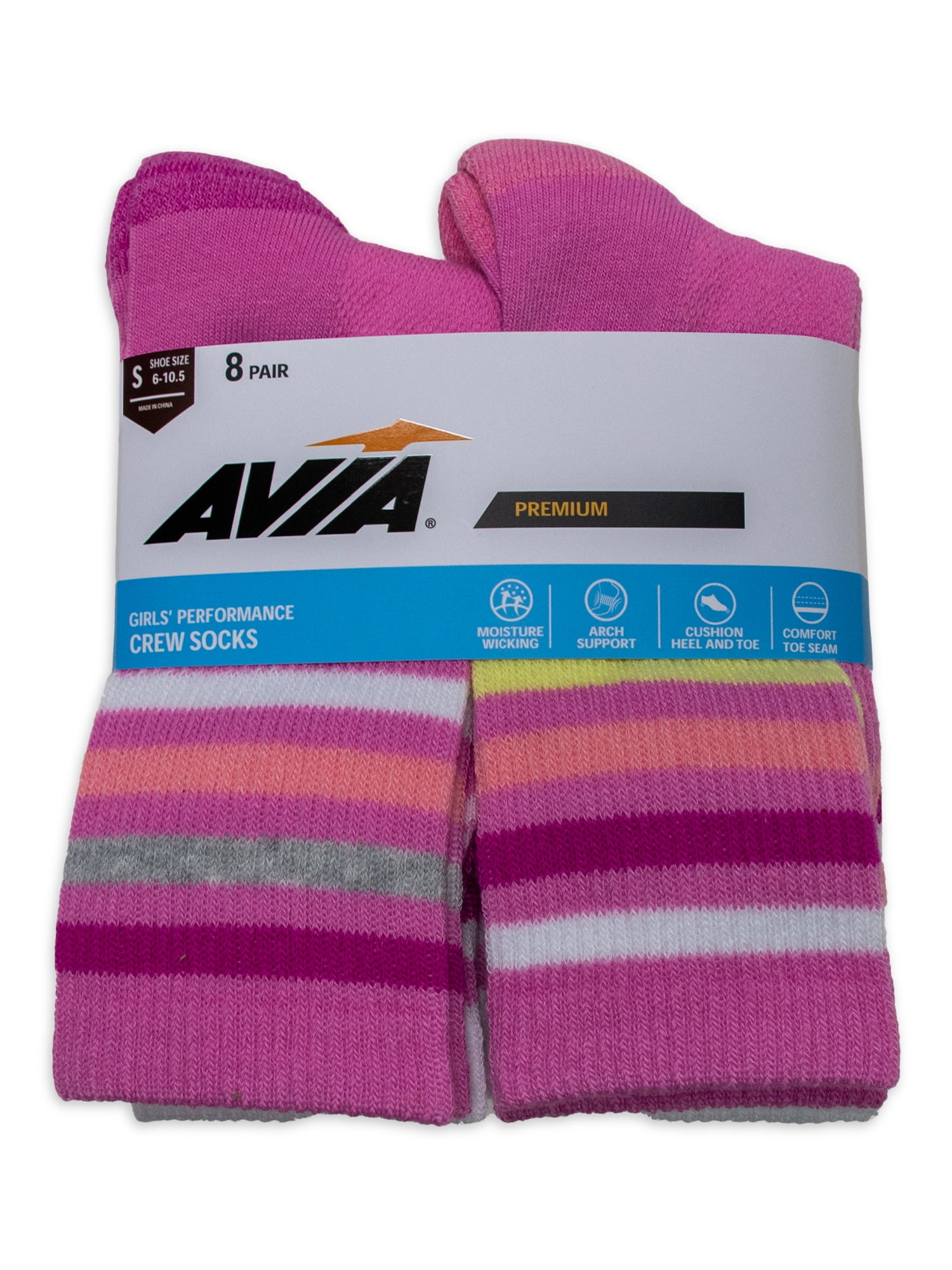 Avia Girls Performance Cushioned Crew Socks, 8-Pack, Sizes S-L