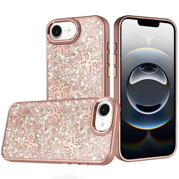 For iPhone 17E / 16E / SE4 Cute Butterfly Ornaments Diamonds Shimmer Matching Metallic HQ Hybrid - Rose Gold
