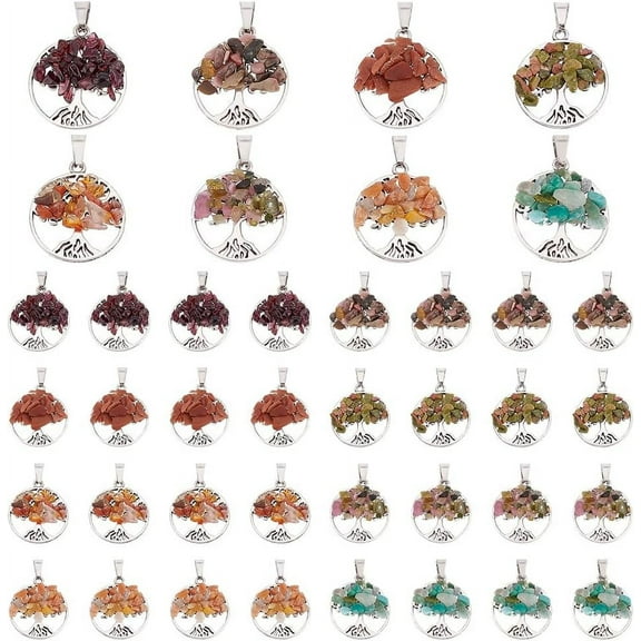 1 Box 32pcs Tree of Life Pendant Tree of Life Chakra Stone Pendants Mixed Natural Gemstone Pendants Luck Charm Crystals for Necklace Earring Jewelry Making