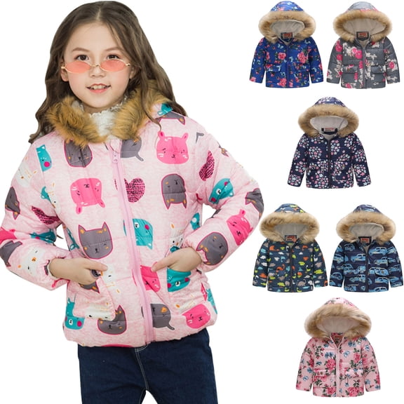 Kids Girls Hooded Cat Print Puffer Jacket Zip Up Quilted Winter Warm Coat Faux Fur Trim 2-3 Years Fall Fashion Clothes