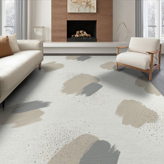 ODIKA 8'x10' Washable Area Rug Non-Slip Chair-Friendly Mat Beige Farmhouse Boho Asymmetrical Scattered Details An Under for Dining Room, Large Office, Lounge