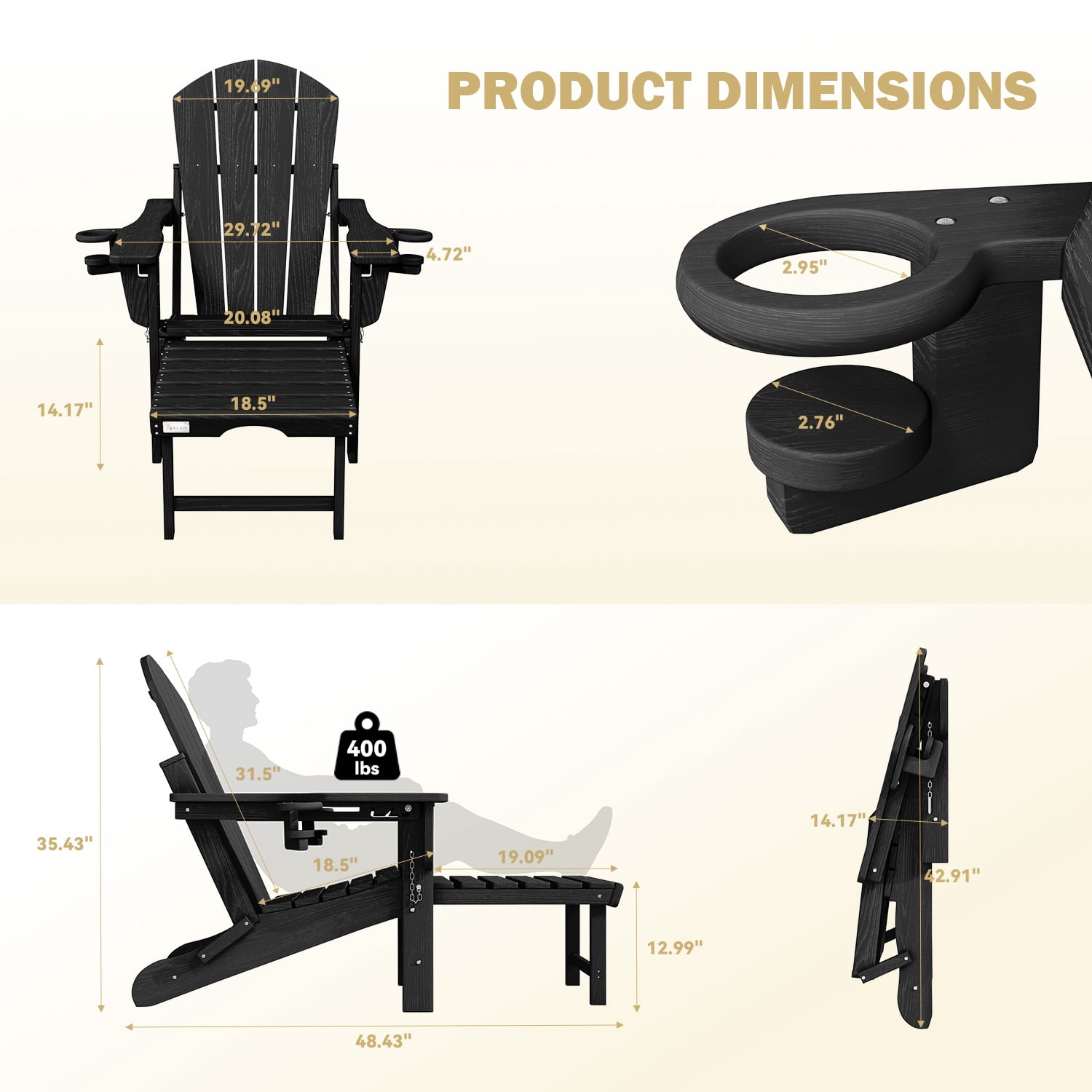 Erinnyees 3-Level Adjustable Adirondack Chair with Retractable Ottoman, HDPE All-Weather Folding Fire Pit Chair with 2 Cup Holders, Outdoor Chair for Garden