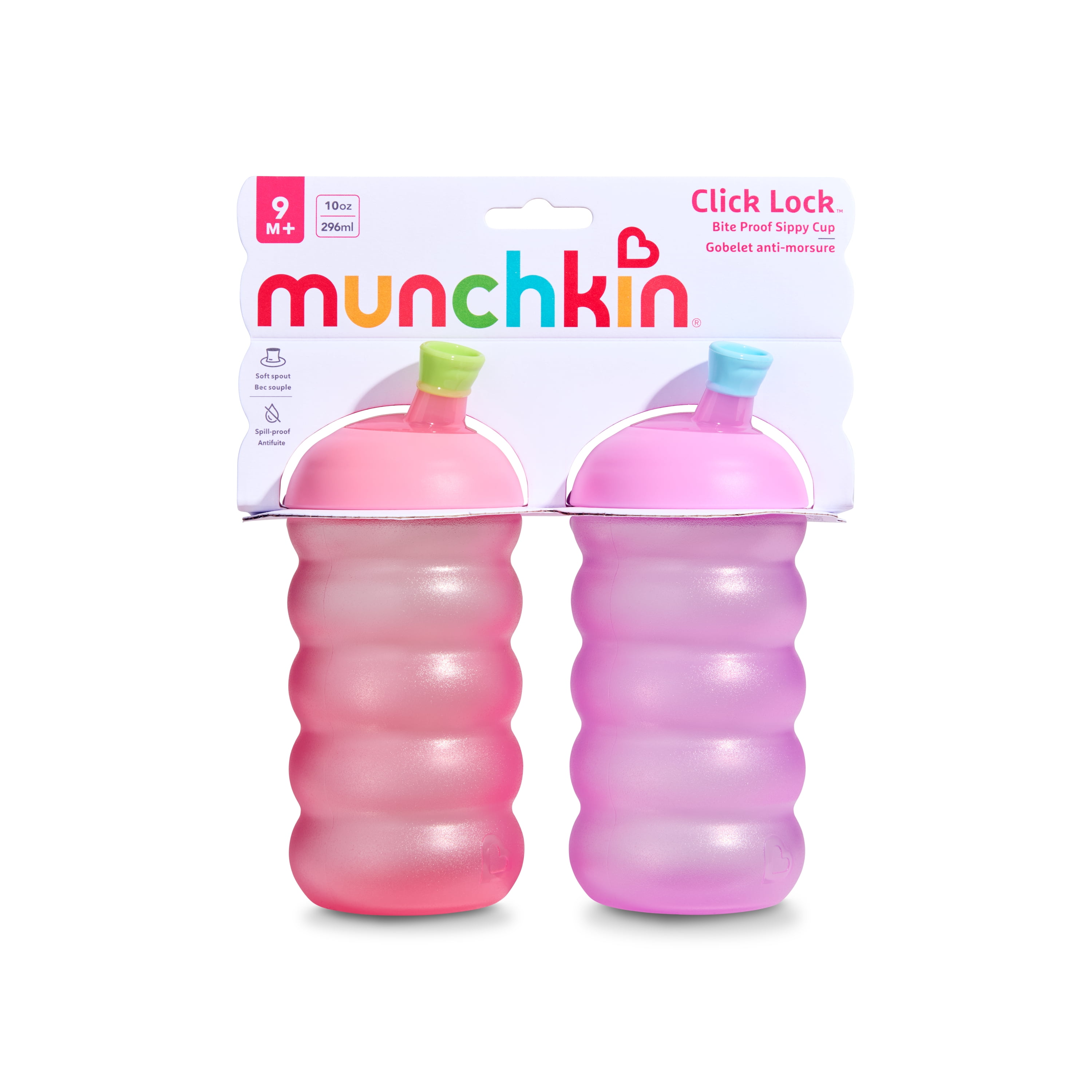 Munchkin Click Lock Toddler Sippy Cups, Spill Proof Sippy Cup for 9 Months Old and Up with Soft, Bite Proof Spout, 10 oz, Pink/Purple, 2 Pack, Unisex