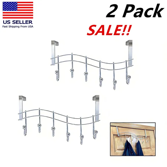 2X Over The Door Hook, Organizer Rack, Hanging For Coat, Hat, Towel, Wave 6 Hook