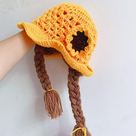 

Toddler Girls Ruffle Knited Hat with Big Braids Cute Hand-woven Earflap Hat for Kids