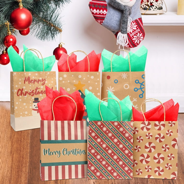  24 Count Gift Bags For Christmas Bulk Set Includes 4 Jumbo 6  Large 6 Medium 8 Small Holiday Xmas Bag Assortment Bags with Handles & Tags  Wrapping Any Size Present for