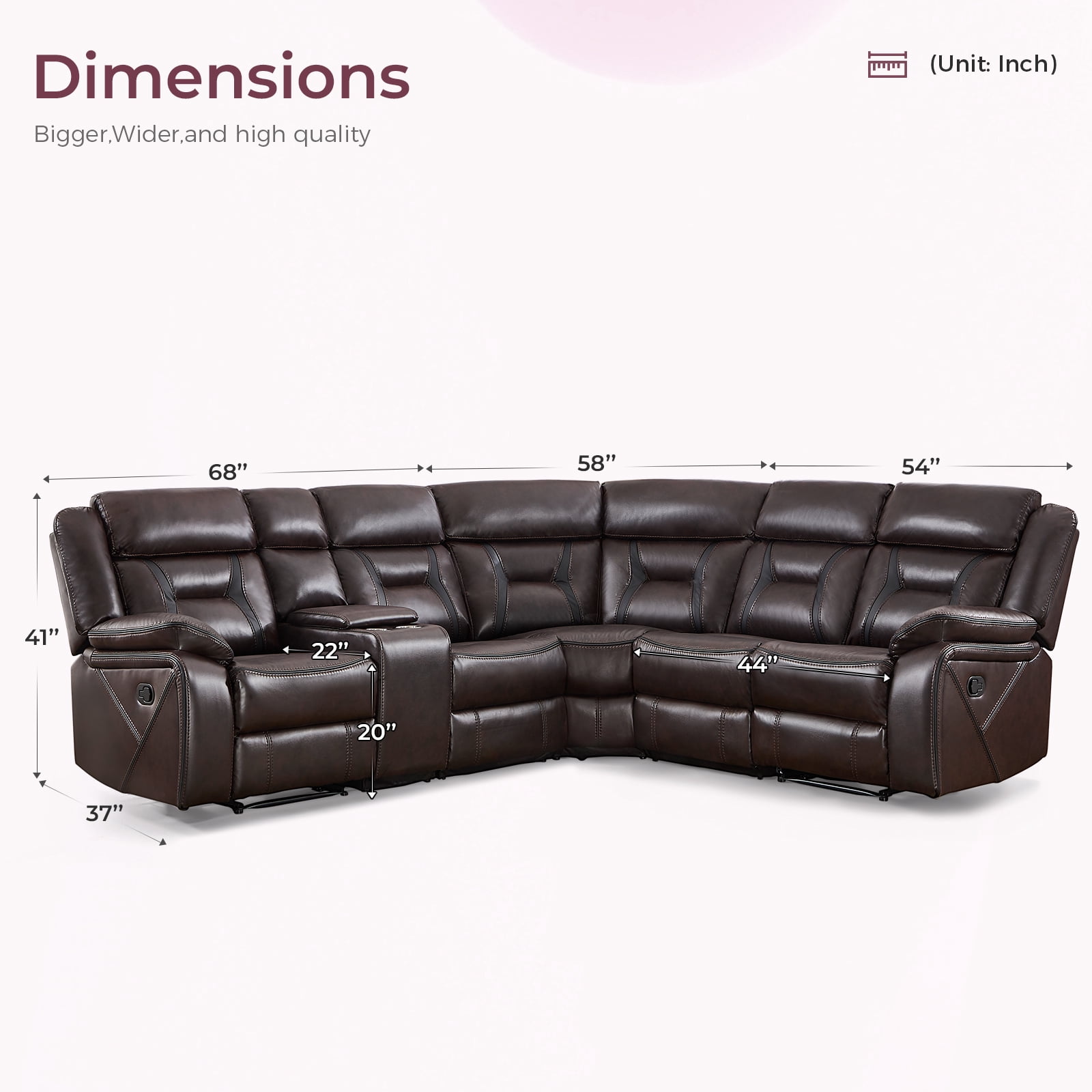 Bonzy Home 5‑Seat Reclining Chair Sofa with Center Console, Hidden Storage & Cup Holders Couch for Living Room & Meeting Room