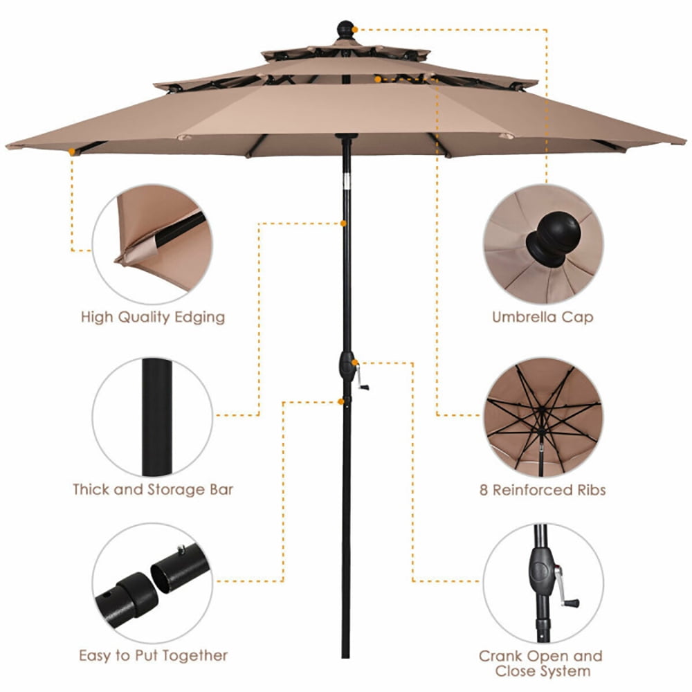 Aimee Lii 10ft 3 Tier Patio Umbrella Aluminum Sunshade Shelter Double Vented without Base, Sunbrella Patio Umbrellas, Beige Aimee Lii 10ft 3 Tier Patio Umbrella Aluminum Sunshade Shelter Double Vented without Base, Sunbrella Patio Umbrellas, Beige