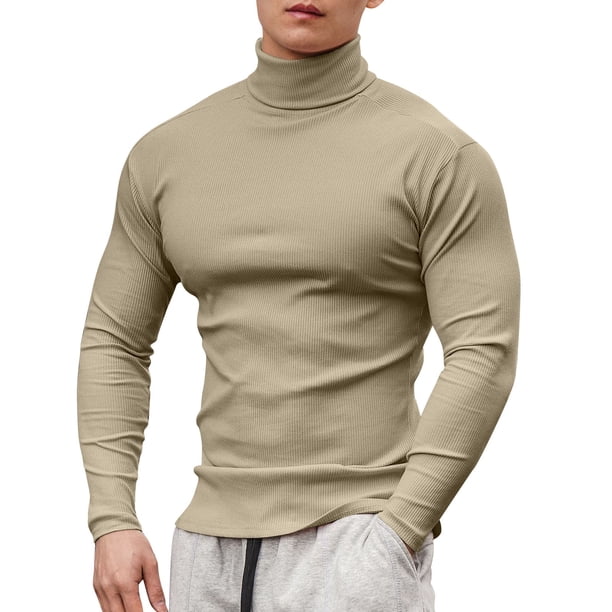 Camiseta de manga larga y cuello alto para hombre: color liso, corte ajustado, tejido elástico, para uso informal en primavera/verano.