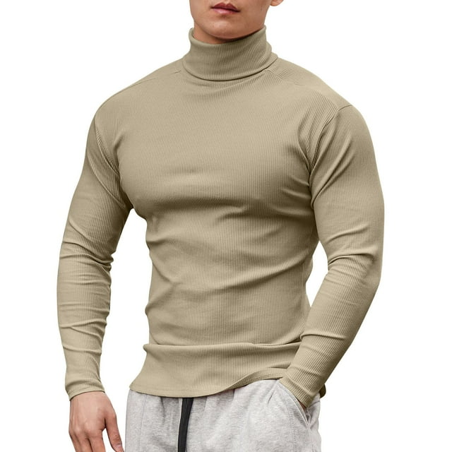 Camiseta de manga larga y cuello alto para hombre: color liso, corte ajustado, tejido elástico, para uso informal en primavera/verano.