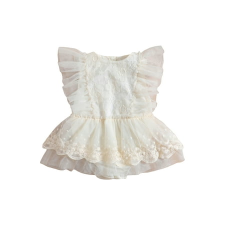

Seyurigaoka Baby Girl Ruffled Romper Dress Fly Sleeve Round Neck Mesh Floral Playsuits Casual Spring Summer Short Crotch Button Bodysuits