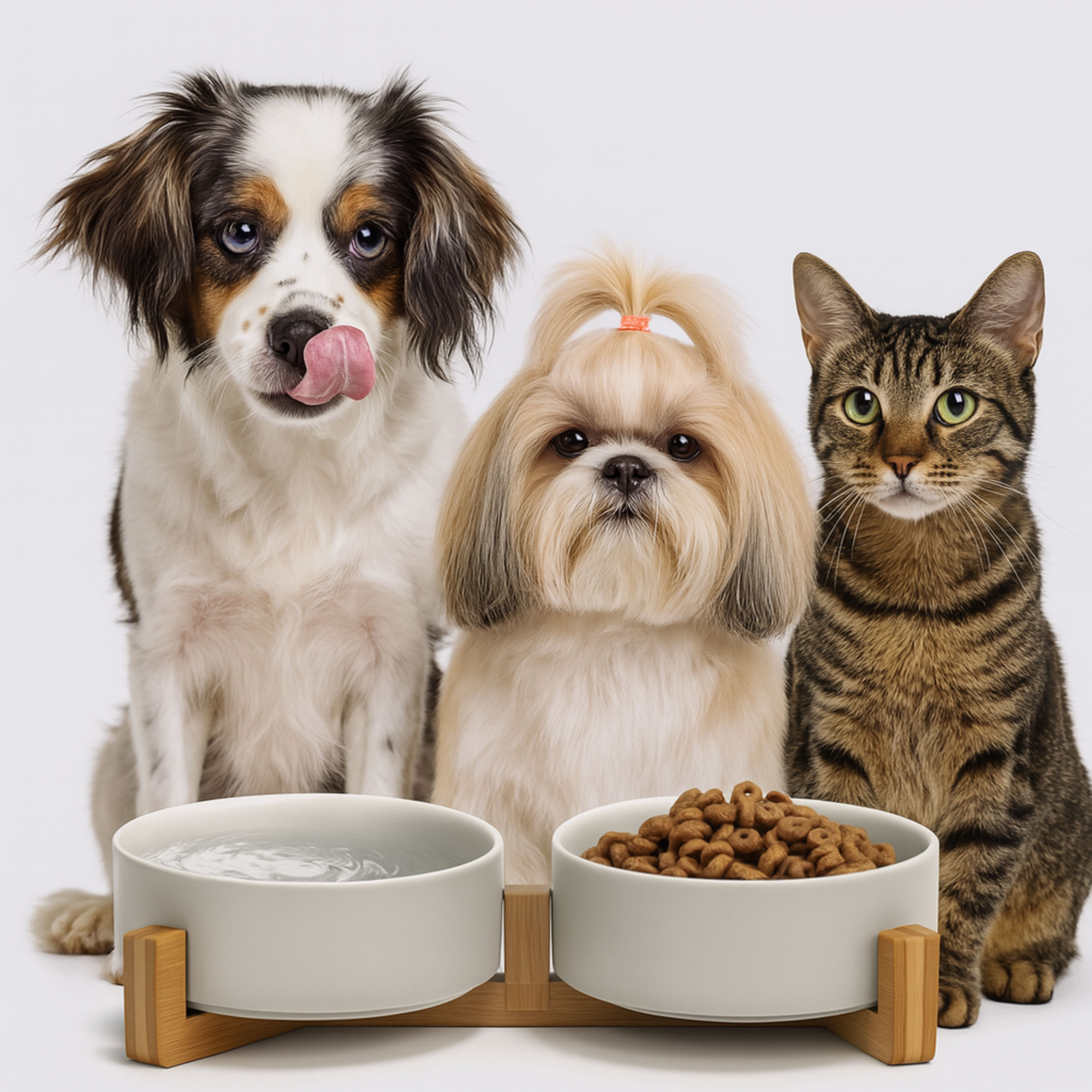 Ceramic Dog and Cat Bowl with Wood Stand Non-Slip Matte Glaze Weighted Food Water Set for Cats &Small Dogs 400 ml - VALLARY