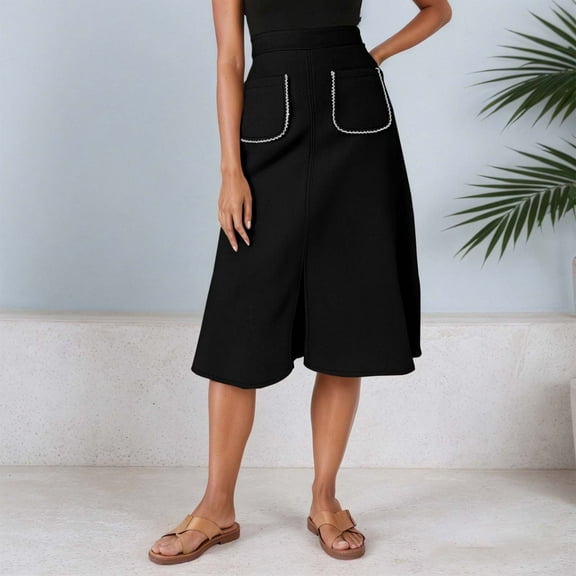 Women's Suede A Line Midi Skirt with Elastic Waist and Front Pockets for Fall and Winter Long Skirt with Pockets