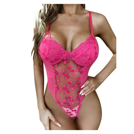 YHGFVOKJ Lingerie for Women Sexy Fashion Breathable Lace Strappy Lingerie Sets Flower Lace Fishnet Underwear Sleepwear Steel Ring Garter Bra Set Hot Pink M