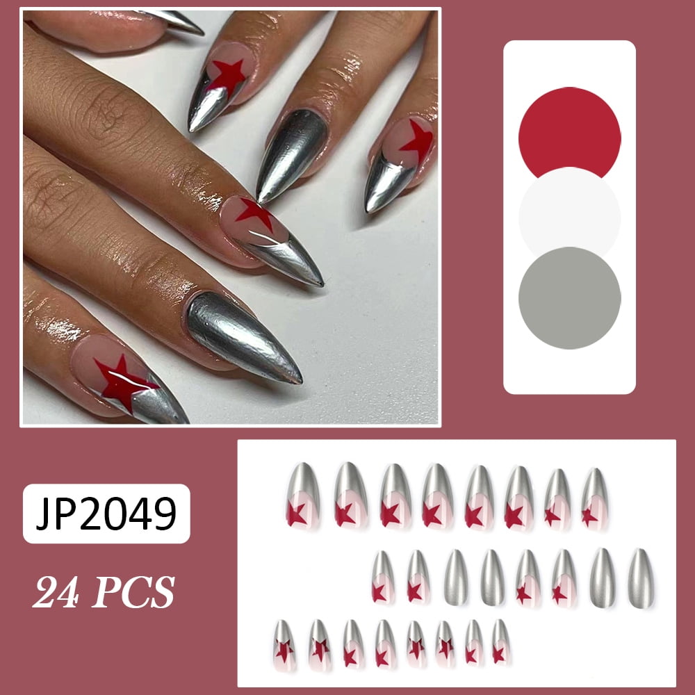 FrenchStyle Artificial Nails Metal Silver Edge Fake Nails With Red