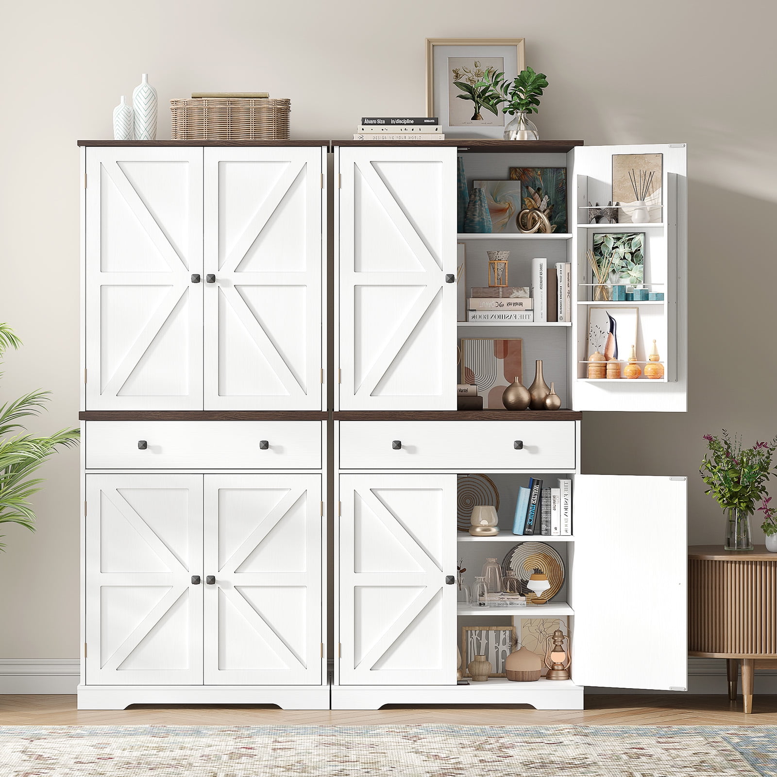 71" Farmhouse Pantry Storage Cabinet with 6 Door Shelves & Drawer, 2 Adjustable Shelves & 4 Barn Doors, Freestanding Cupboard,Off White