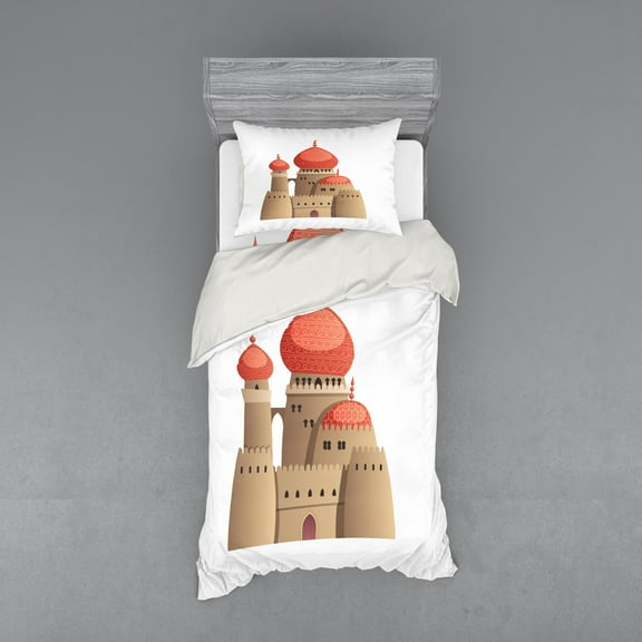 Tribal Duvet Cover Set, Castle Cartoon Style Fairy Tale Palace Medieval Historical Architecture Art, Bedding Set with Shams and Fitted Sheet, 3 Sizes, by Ambesonne
