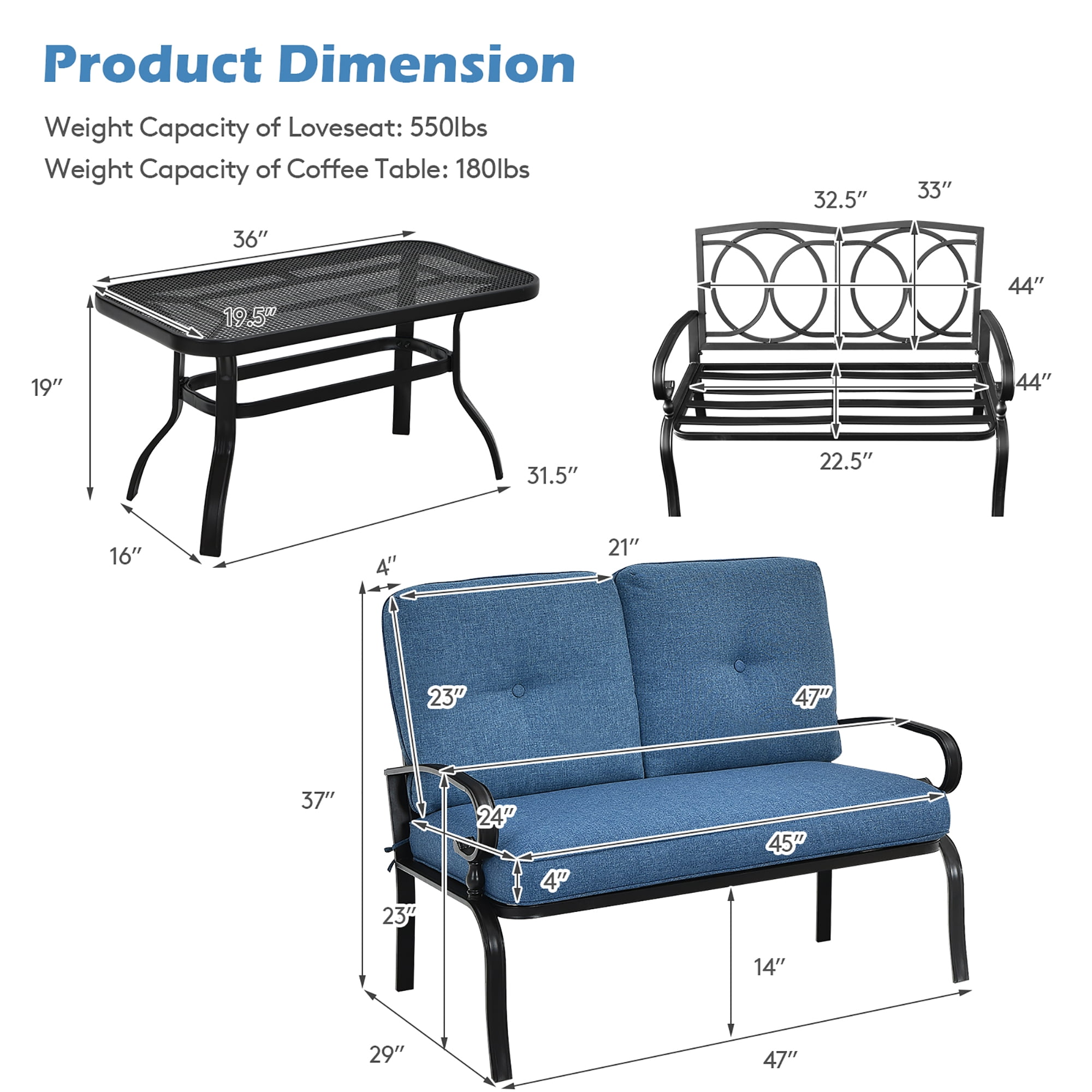 Costway 2PCS Patio Loveseat Bench Table Furniture Set Cushioned Chair Blue