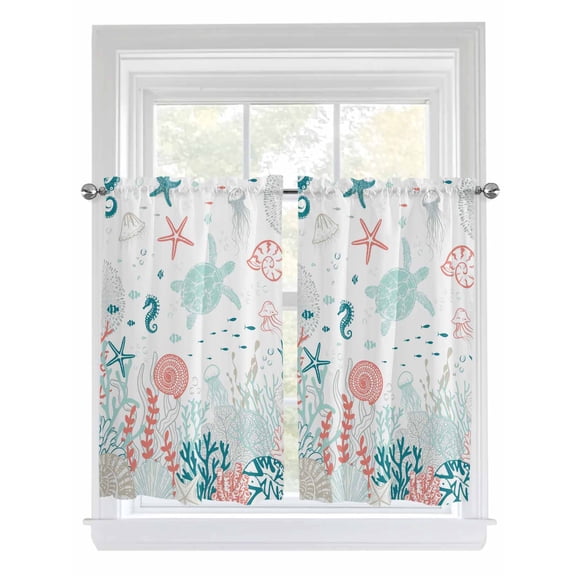 Kitchen Curtains 54 Inches length, Coastal Turtle Window Treatment Curtain Drapes, Teal Green Ocean Coral Starfish Jellyfish Decorative Window Curtains for Bedroom Cafe, 52"x54", 2 Panels