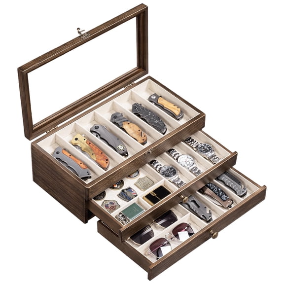 3-Layer Knife Display Case, Knife Collection Display Holder with Glass Lid & Drawers (Vintage)