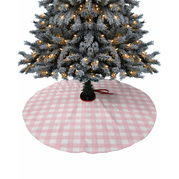 Pink Buffalo Plaid Christmas Tree Skirt 48 Inches Large Christmas Skirt Tree, Farmhouse Pink White Checkered Tree Skirt Christmas Decorations for Fireplace Party Holidays Indoor Outdoor